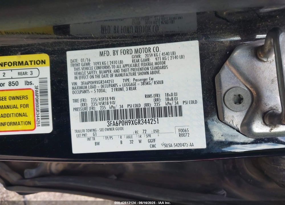2016 FORD FUSION VIN: 3FA6P0H9XGR344251