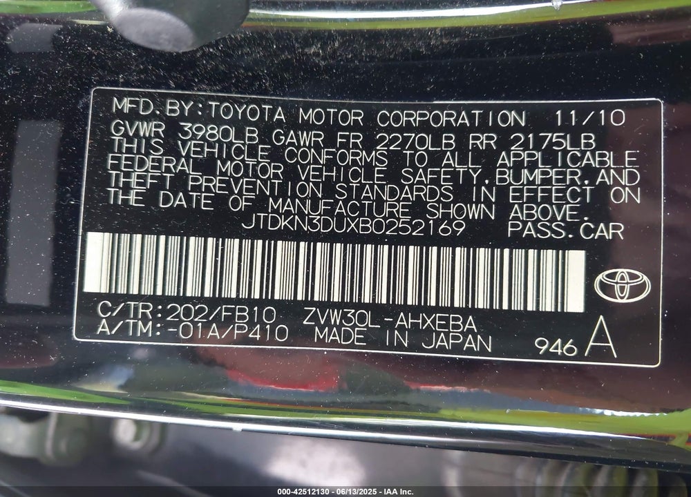 2011 TOYOTA PRIUS TWO VIN: JTDKN3DUXB0252169