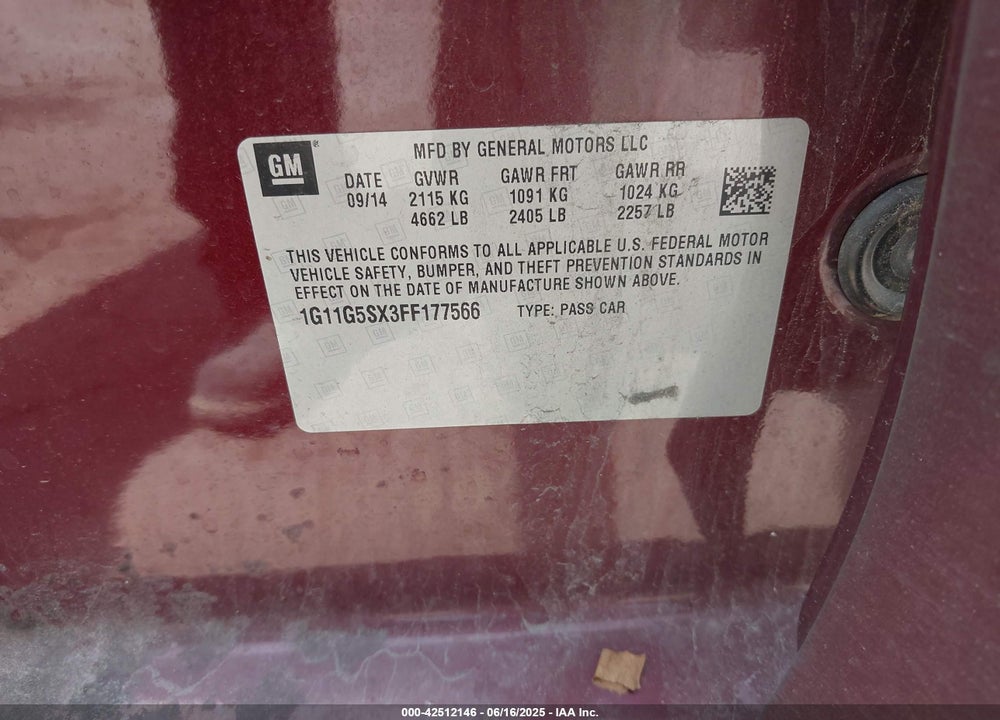 2015 CHEVROLET MALIBU VIN: 1G11G5SX3FF177566