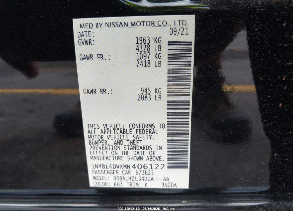 2021 NISSAN ALTIMA VIN: 1N4BL4DVXMN406122
