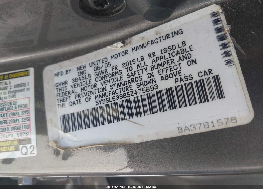 2005 PONTIAC VIBE VIN: 5Y2SL63885Z475693