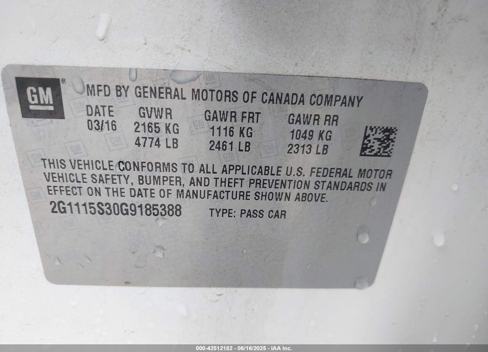 2016 CHEVROLET IMPALA 2LT VIN: 2G1115S30G9185388