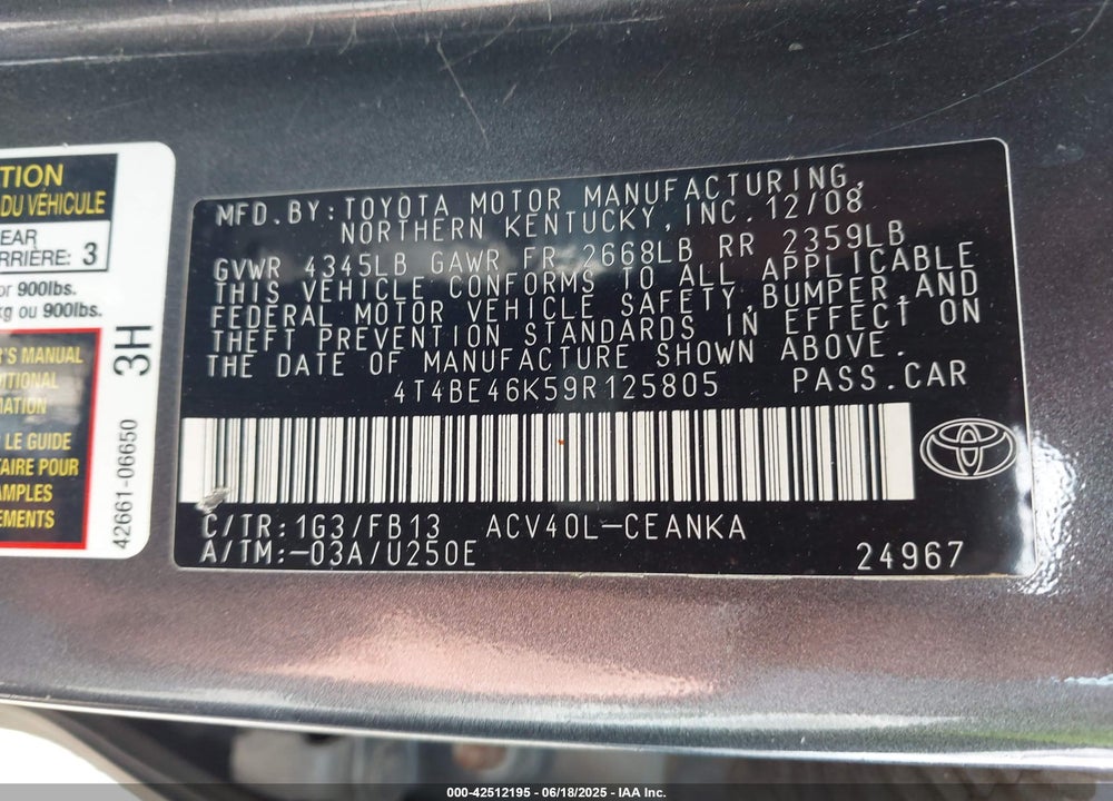 2009 TOYOTA CAMRY LE VIN: 4T4BE46K59R125805