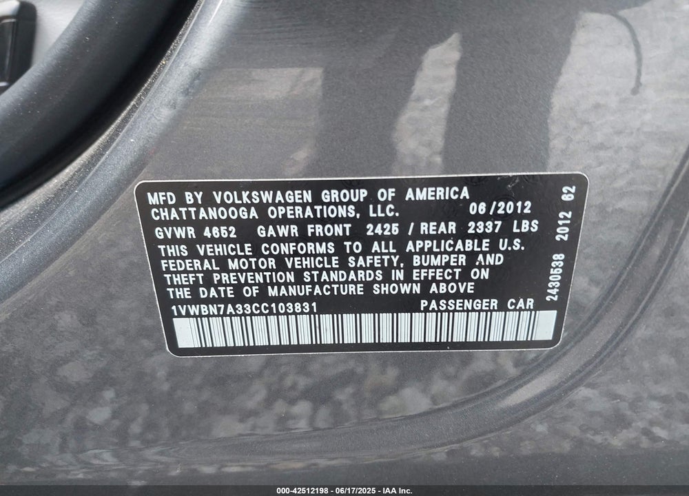2012 VOLKSWAGEN PASSAT VIN: 1VWBN7A33CC103831