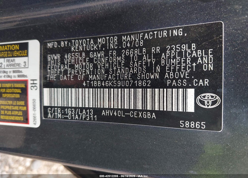 2009 TOYOTA CAMRY VIN: 4T1BB46K59U071862