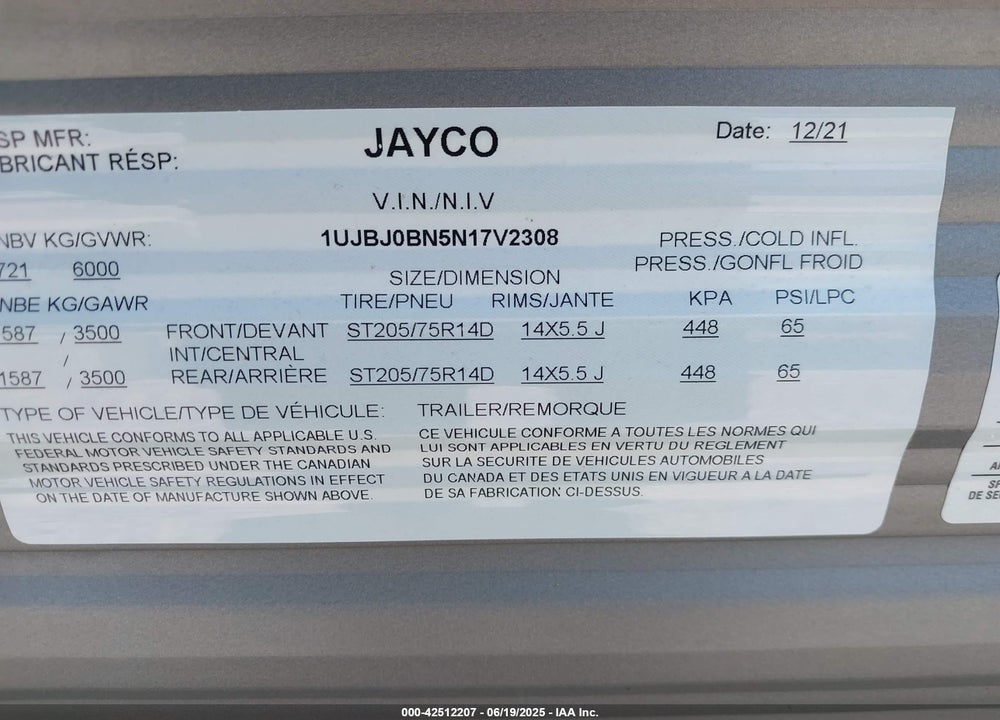 2022 JAYCO JAYFL184BH VIN: 1UJBJ0BN5N17V2308