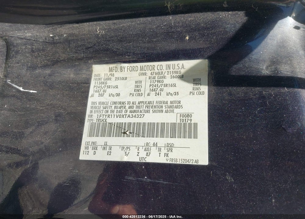 1999 FORD RANGER XL/XLT VIN: 1FTYR11V0XTA34327