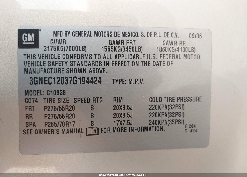 2007 CHEVROLET AVALANCHE VIN: 3GNEC12037G194424