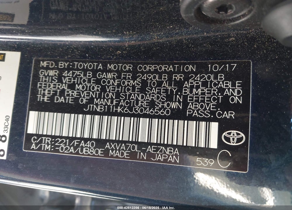 2018 TOYOTA CAMRY VIN: JTNB11HK6J3046560
