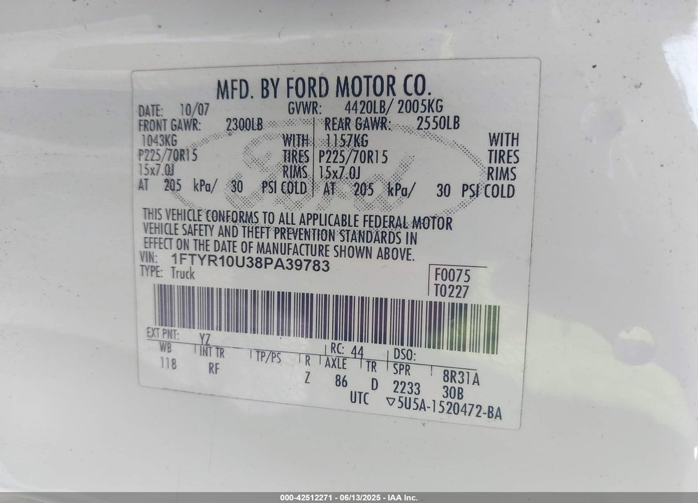 2008 FORD RANGER SPORT/XL/XLT VIN: 1FTYR10U38PA39783