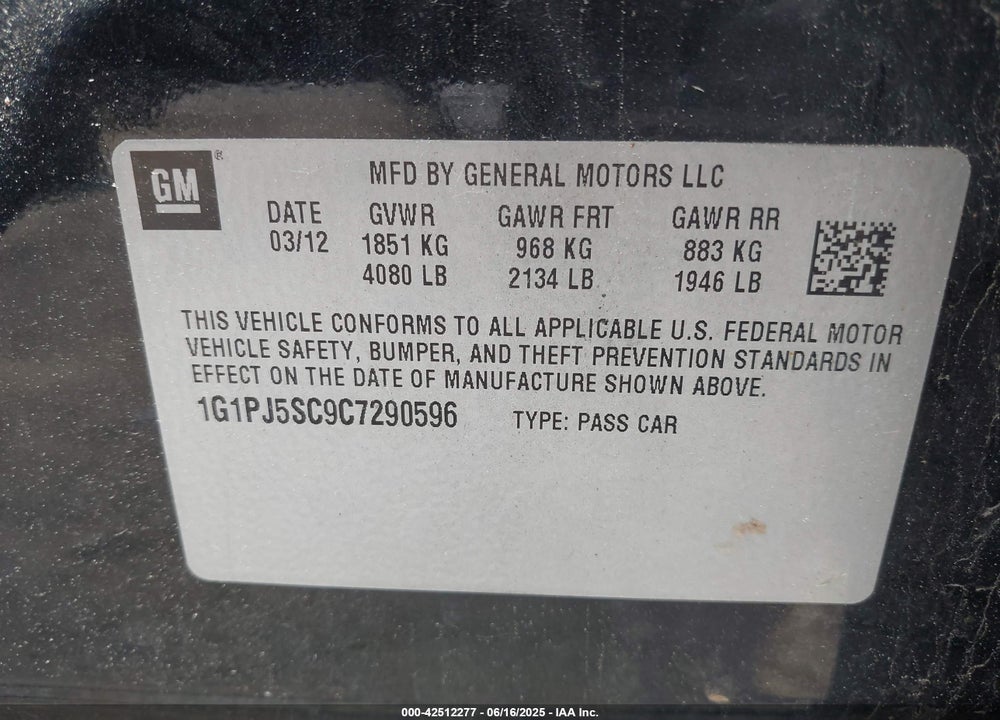 2012 CHEVROLET CRUZE ECO VIN: 1G1PJ5SC9C7290596