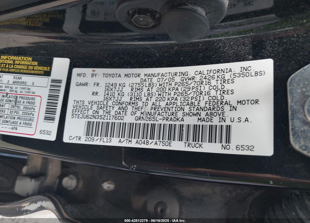 2005 TOYOTA TACOMA PRERUNNER V6 VIN: 5TEJU62N35Z117602