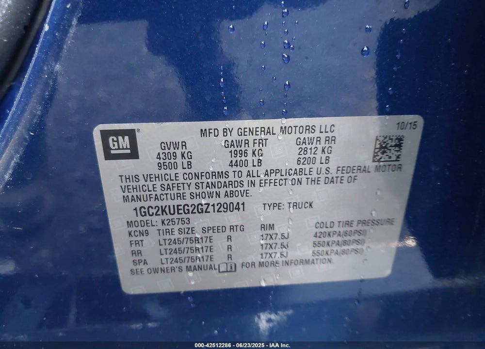 2016 CHEVROLET SILVERADO 2500 VIN: 1GC2KUEG2GZ129041