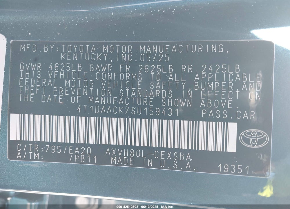 2025 TOYOTA CAMRY SE VIN: 4T1DAACK7SU159431
