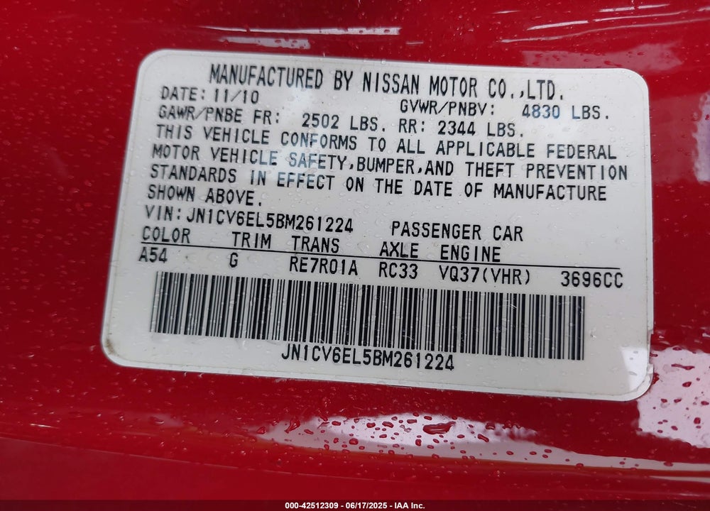 2011 INFINITI G37 VIN: JN1CV6EL5BM261224