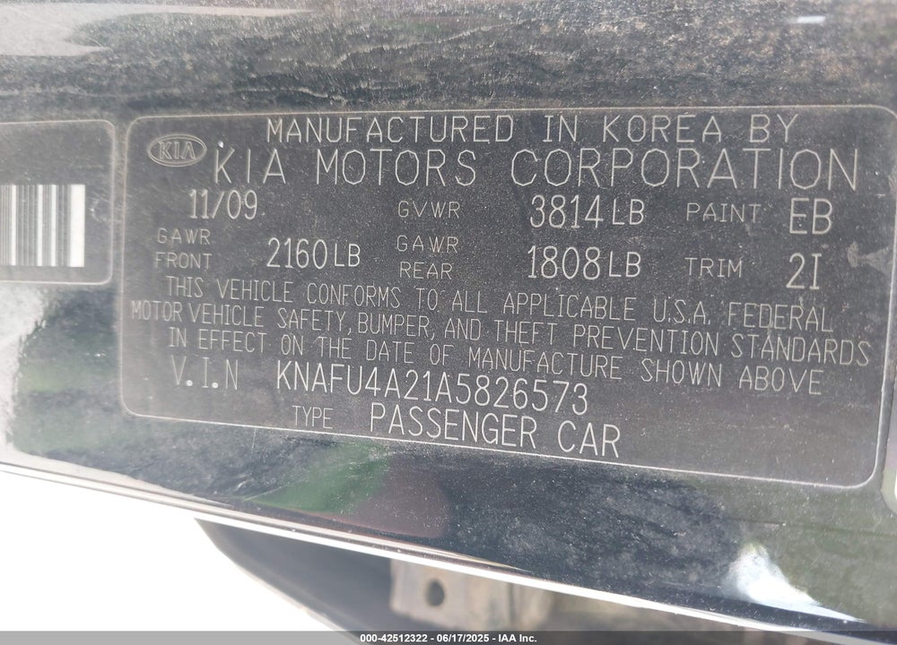 2010 KIA FORTE VIN: KNAFU4A21A5826573