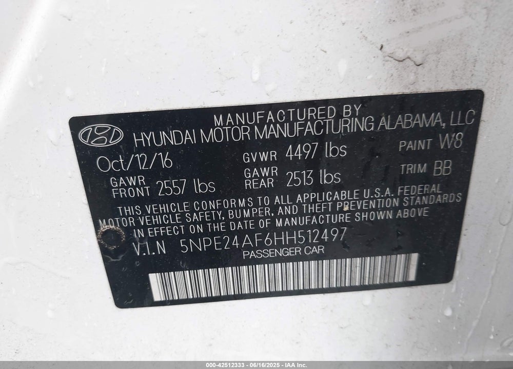 2017 HYUNDAI SONATA SE VIN: 5NPE24AF6HH512497