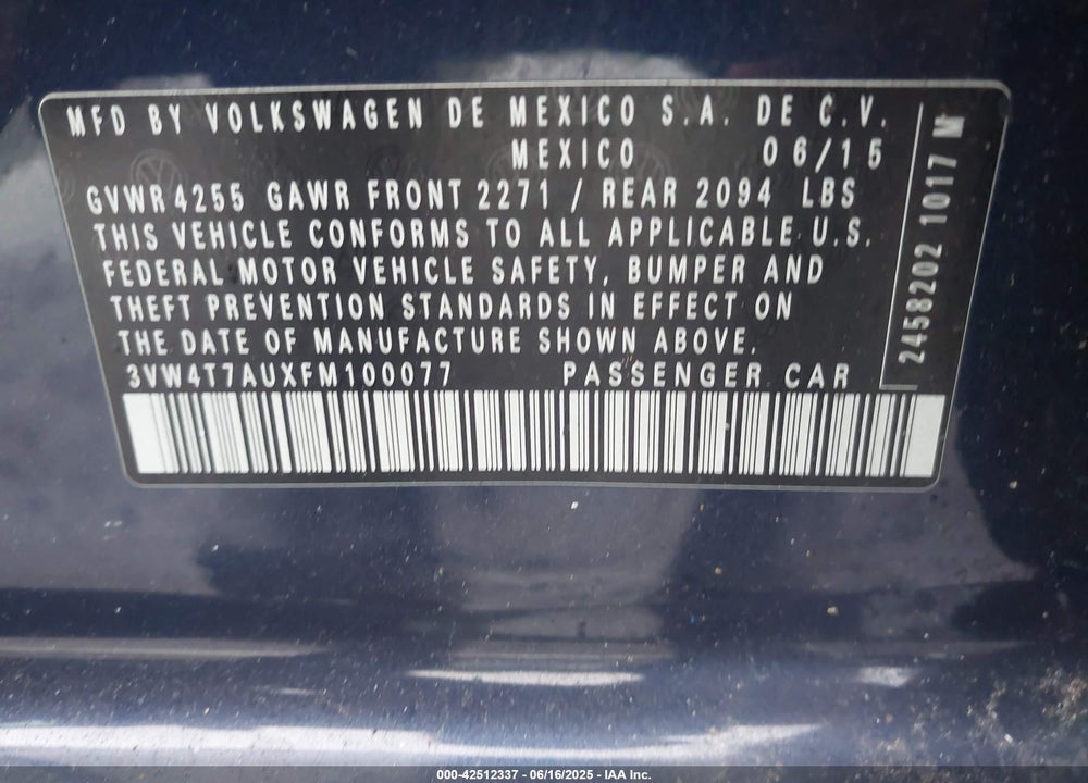 2015 VOLKSWAGEN GOLF VIN: 3VW4T7AUXFM100077