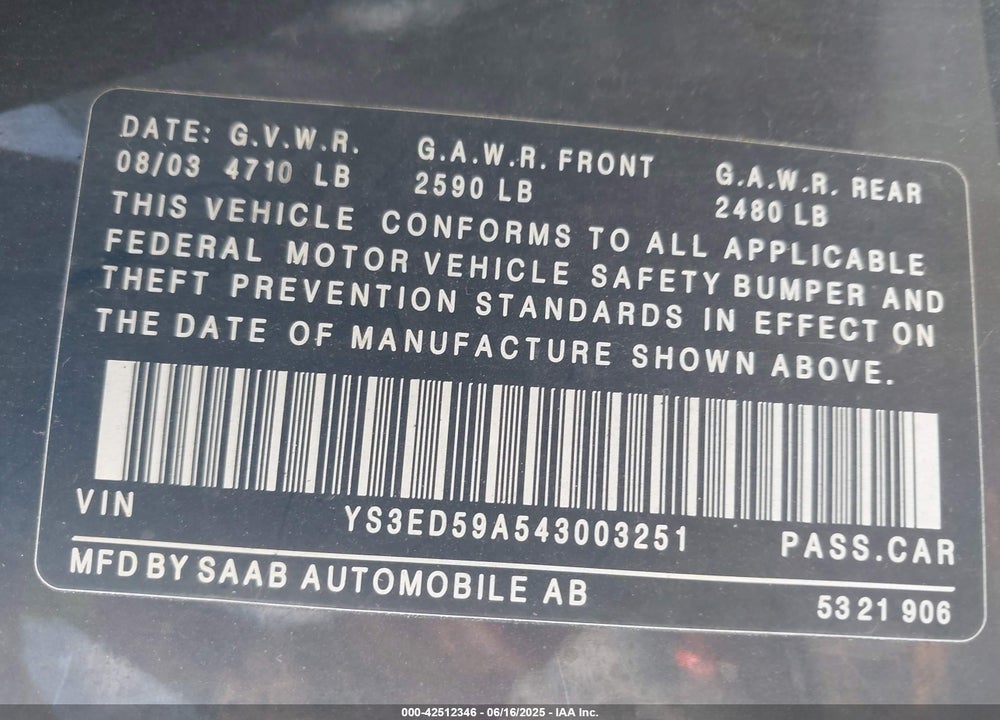 2004 SAAB 9-5 ARC VIN: YS3ED59A543003251