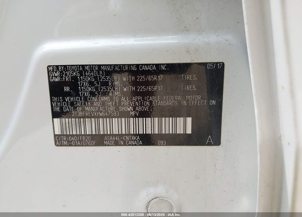 2017 TOYOTA RAV4 LE VIN: 2T3BFREVXHW647593