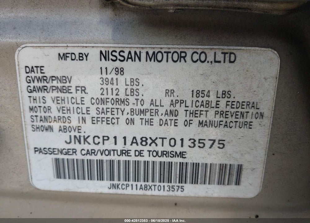 1999 INFINITI G20 VIN: JNKCP11A8XT013575