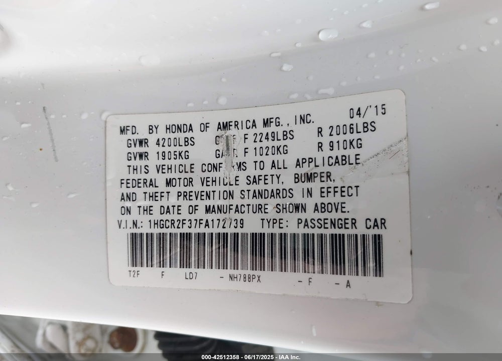 2015 HONDA ACCORD VIN: 1HGCR2F37FA172739