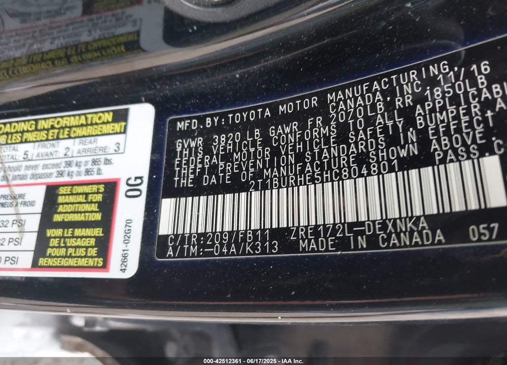 2017 TOYOTA COROLLA LE VIN: 2T1BURHE5HC804801