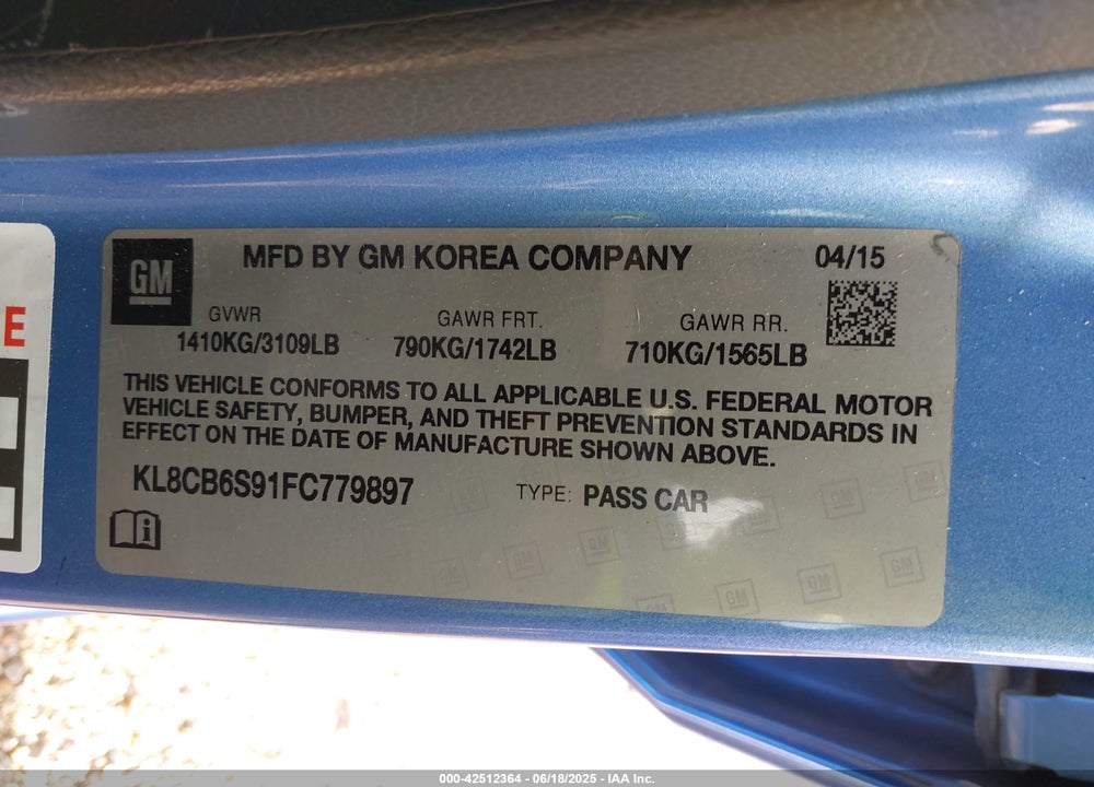 2015 CHEVROLET SPARK VIN: KL8CB6S91FC779897