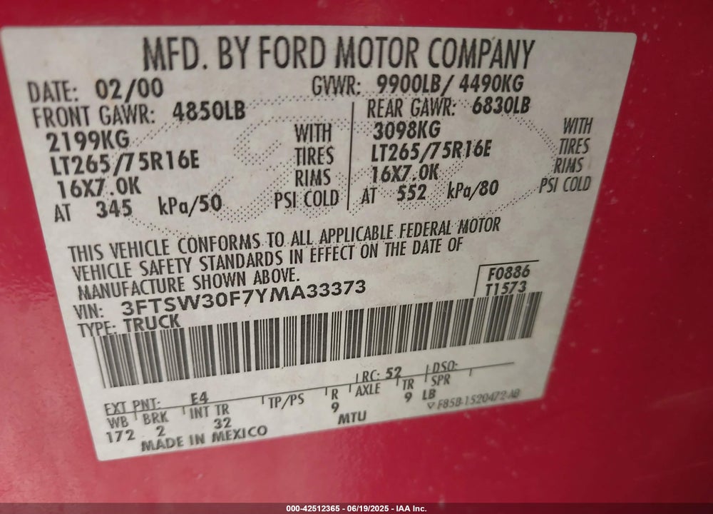 2000 FORD F-350 LARIAT/XL/XLT VIN: 3FTSW30F7YMA33373