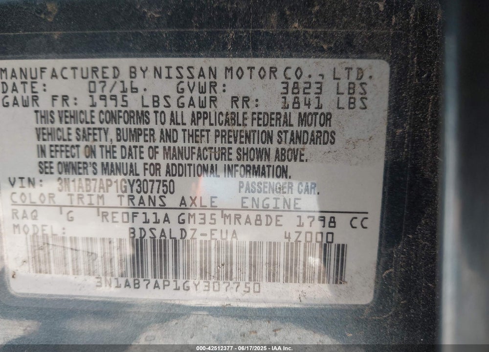 2016 NISSAN SENTRA SV VIN: 3N1AB7AP1GY307750