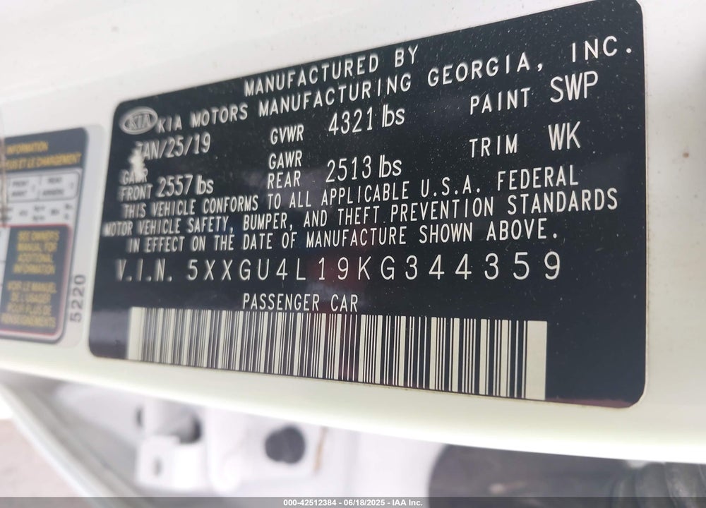 2019 KIA OPTIMA VIN: 5XXGU4L19KG344359