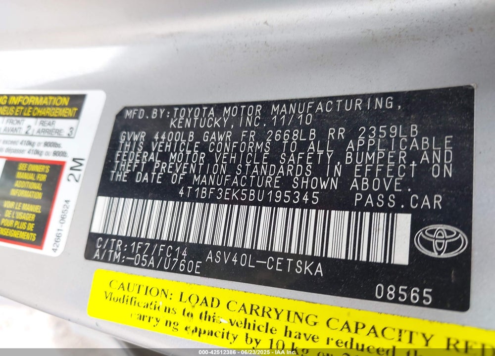 2011 TOYOTA CAMRY VIN: 4T1BF3EK5BU195345