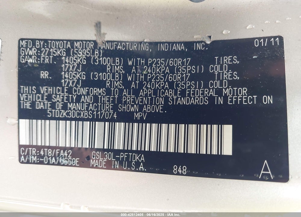 2011 TOYOTA SIENNA VIN: 5TDZK3DCXBS117074