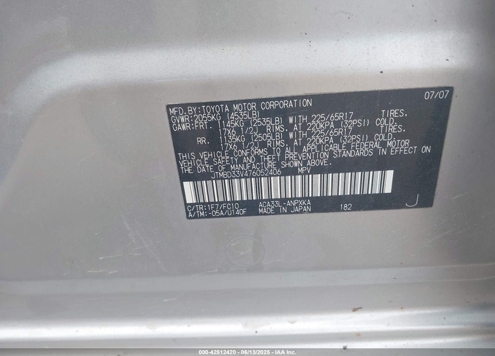 2007 TOYOTA RAV4 VIN: JTMBD33V476052406
