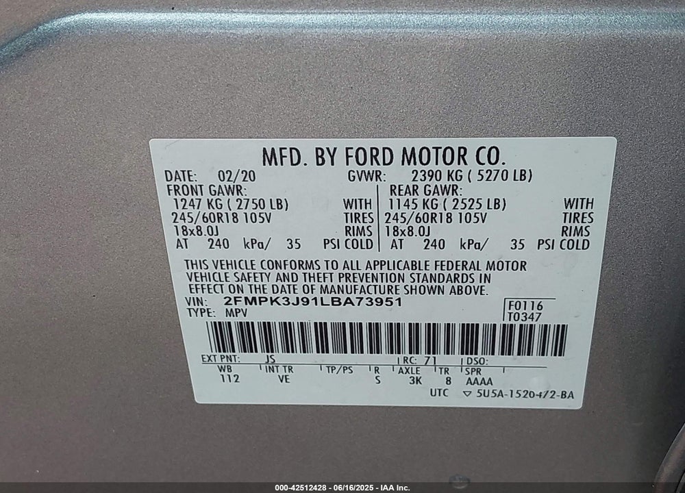 2020 FORD EDGE SEL VIN: 2FMPK3J91LBA73951