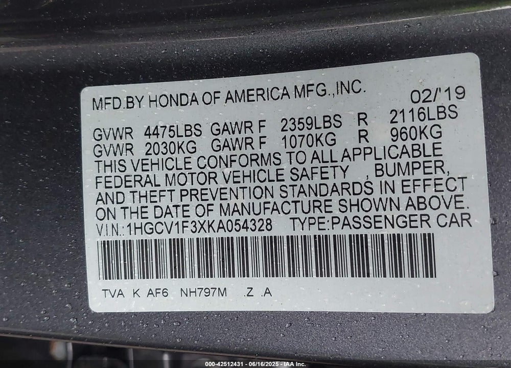 2019 HONDA ACCORD VIN: 1HGCV1F3XKA054328