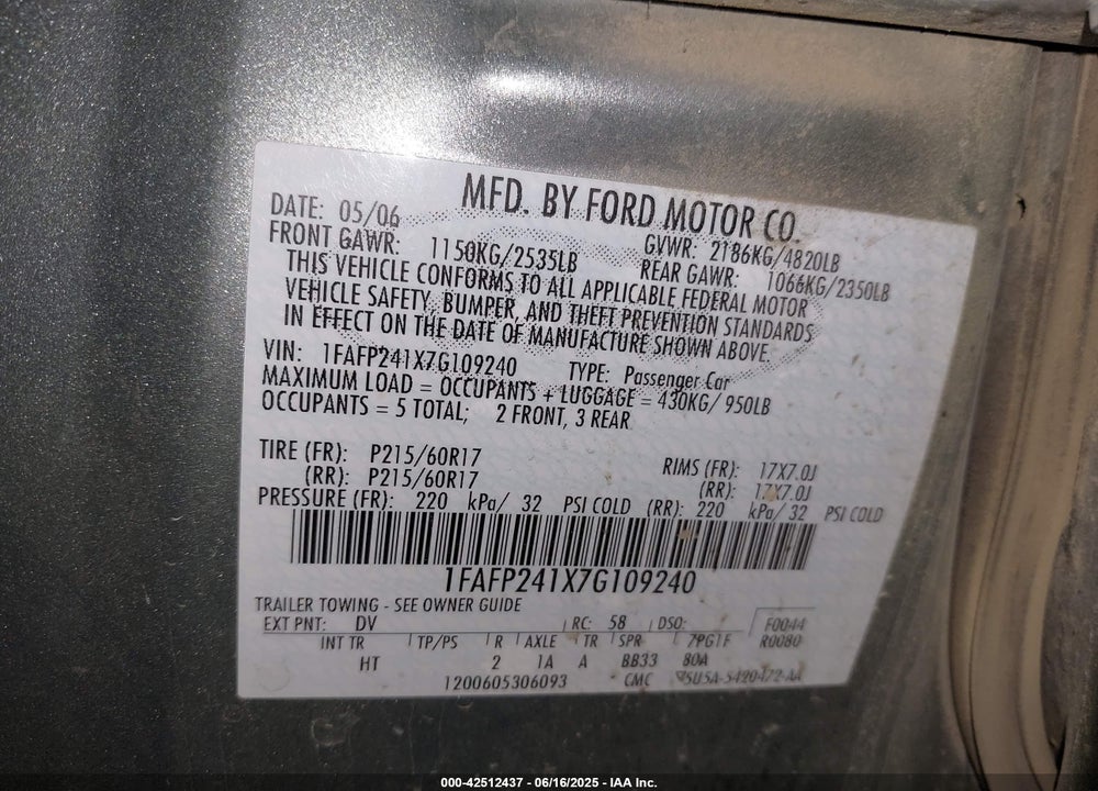 2007 FORD FIVE HUNDRED VIN: 1FAFP241X7G109240