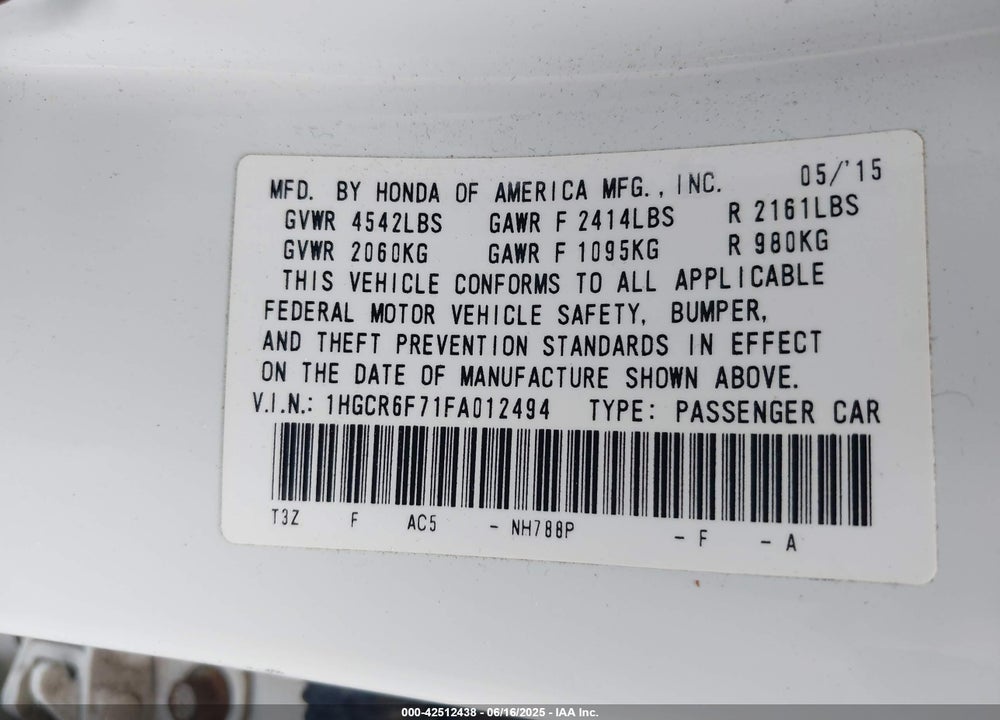 2015 HONDA ACCORD VIN: 1HGCR6F71FA012494