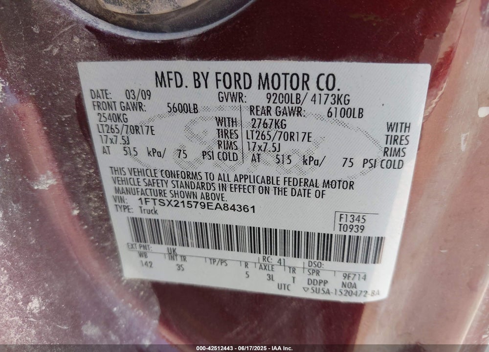 2009 FORD F-250 VIN: 1FTSX21579EA84361