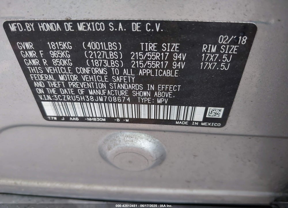 2018 HONDA HR-V VIN: 3CZRU5H38JM708674