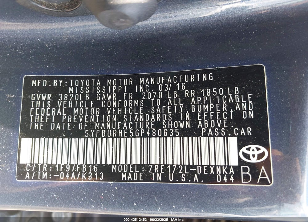 2016 TOYOTA COROLLA VIN: 5YFBURHE5GP480635