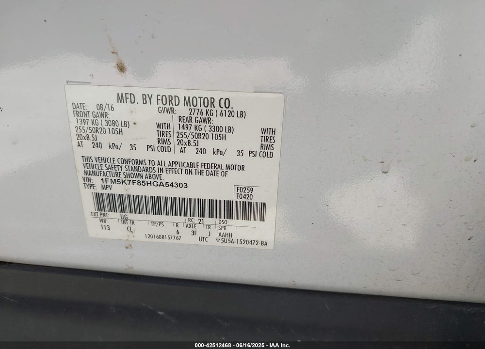 2017 FORD EXPLORER VIN: 1FM5K7F85HGA54303