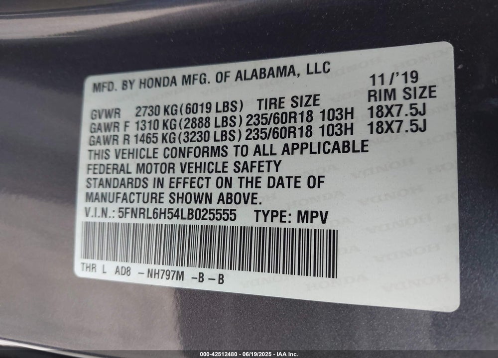2020 HONDA ODYSSEY EX VIN: 5FNRL6H54LB025555