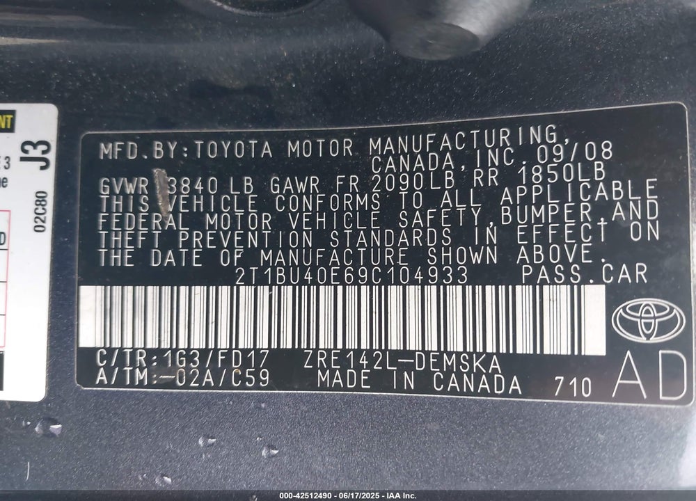 2009 TOYOTA COROLLA S VIN: 2T1BU40E69C104933