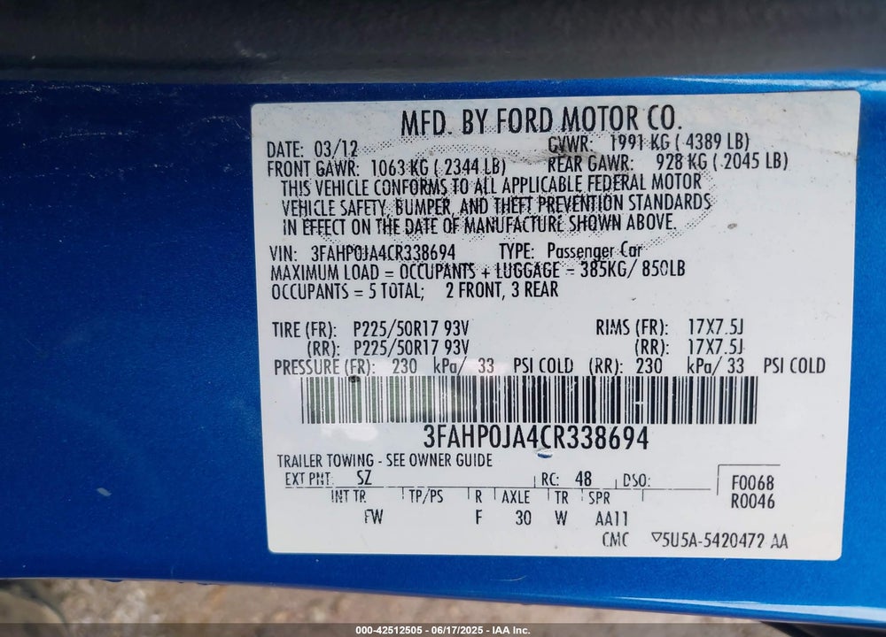 2012 FORD FUSION VIN: 3FAHP0JA4CR338694