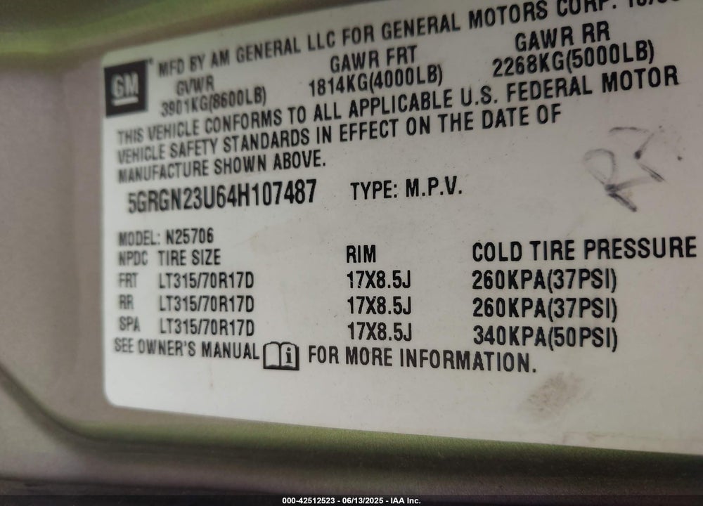 2004 HUMMER H2 VIN: 5GRGN23U64H107487