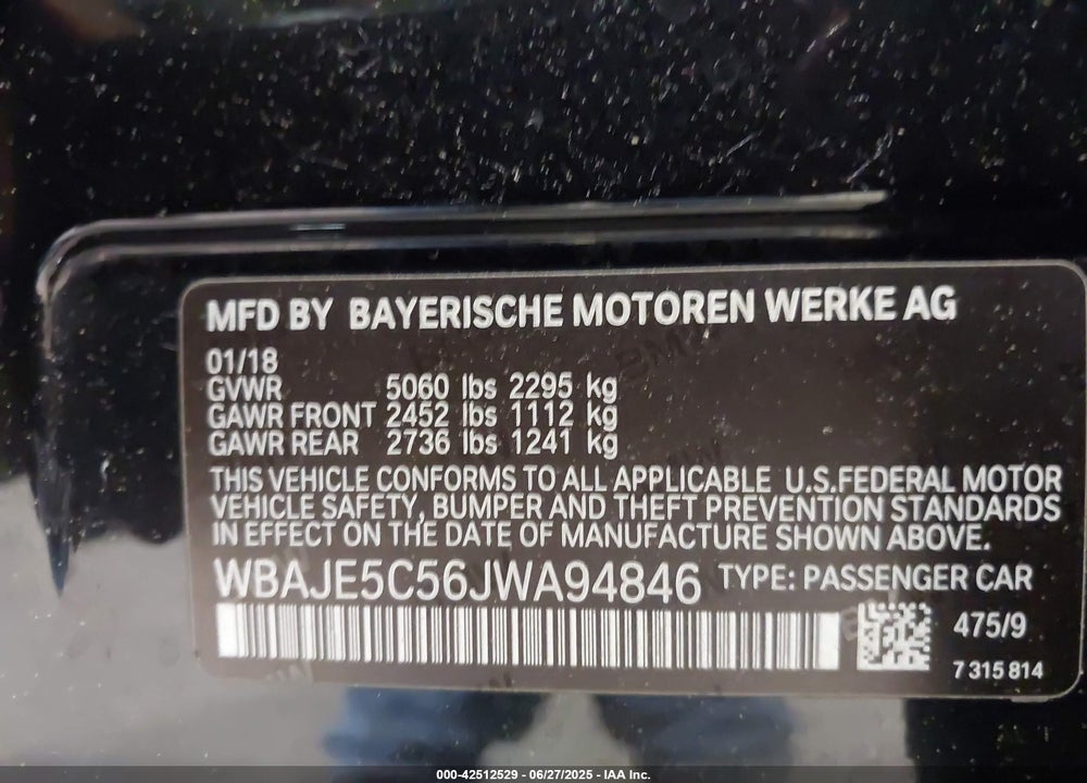 2018 BMW 540I VIN: WBAJE5C56JWA94846