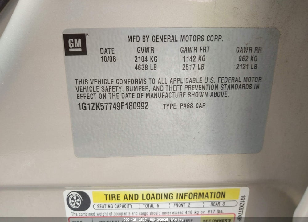 2009 CHEVROLET MALIBU VIN: 1G1ZK57749F180992