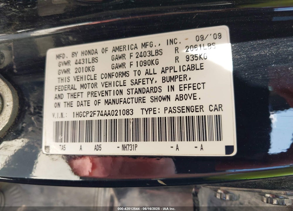 2010 HONDA ACCORD 2.4 EX VIN: 1HGCP2F74AA021083