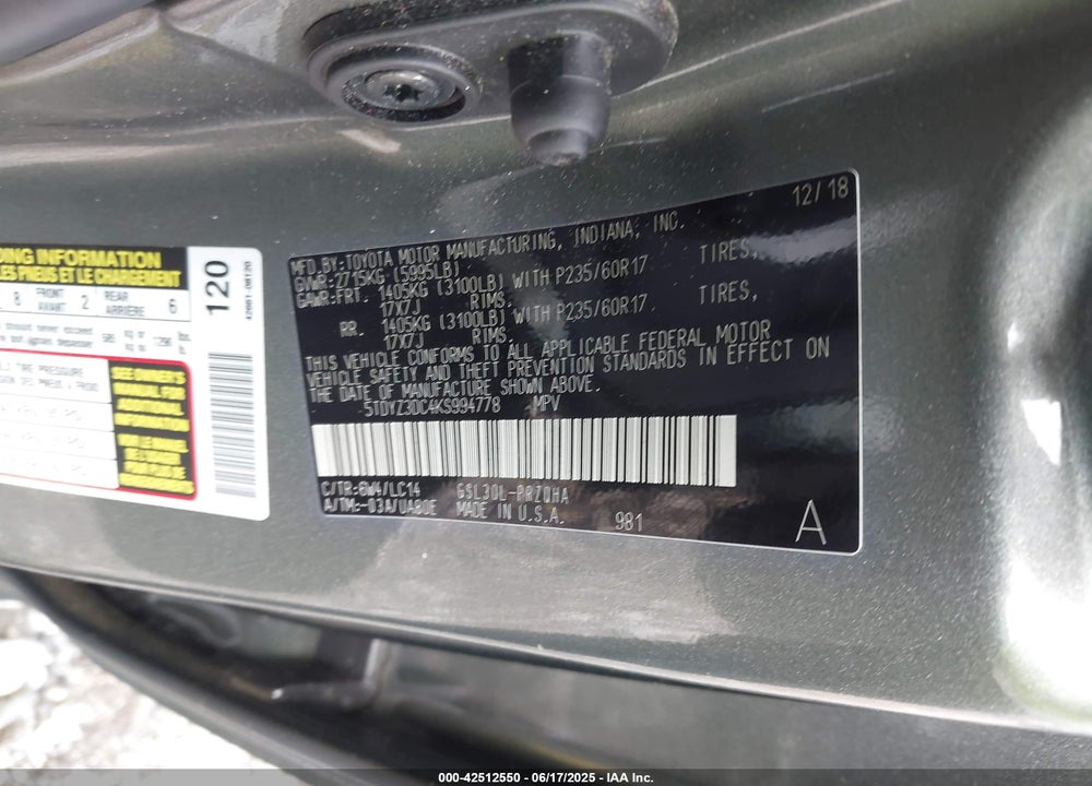 2019 TOYOTA SIENNA XLE 8 PASSENGER VIN: 5TDYZ3DC4KS994778